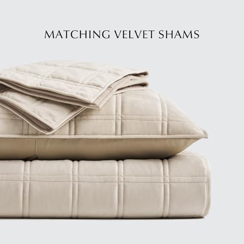 Double Box Stitch Velvet Quilt Set - King Beige Luxurious Bedding with Sham, Oversized