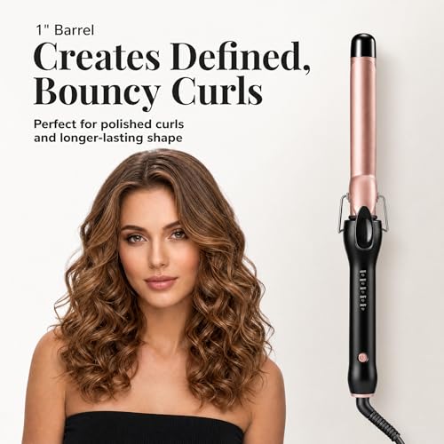 1 Inch Curling Iron with Clamp - Tourmaline Ceramic Hair Curler, 5 Heat Settings, Fast Heating, Dual Voltage, Auto Shut-Off