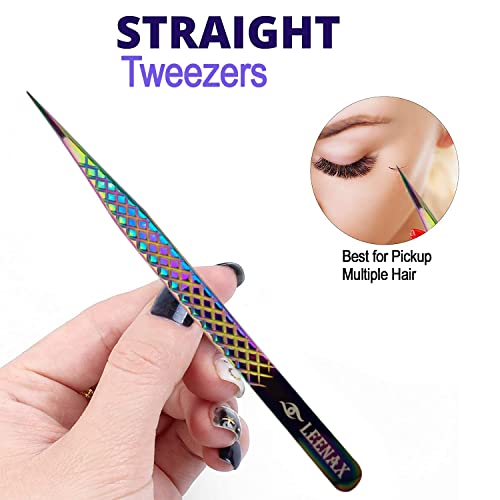 Eyelash Extension Tweezers Fiber Tip (Anti ? Slip) Set of 2 pieces straight & curved with Diamond Grip, Rainbow Colour,14cm, volume Tweezers, Lash Extension Precision tweezers. (Multi)
