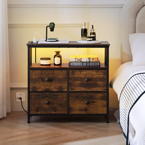 Yoobure Rustic Brown Nightstand with Charging Station & LED Light, 4 Drawers