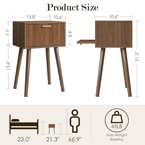 Walnut Modern Nightstand Set of 2 with Fluted Doors - Compact Bedroom Storage