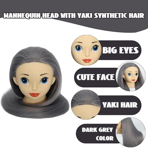 TKIMHEQ 24" Mannequin Head with Hair, Dark Grey - Training Head for Braiding & Cosmetology