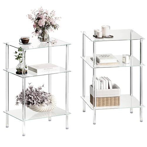 Transparent 3-Tier Tempered Glass Side Tables Set of 2 - Modern Acrylic End Tables