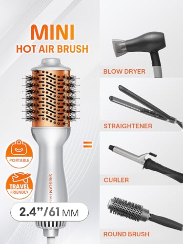 SHEGLAM Mini Travel Hair Dryer Brush - Dual Voltage 120V-240V, Anti-Frizz Styling