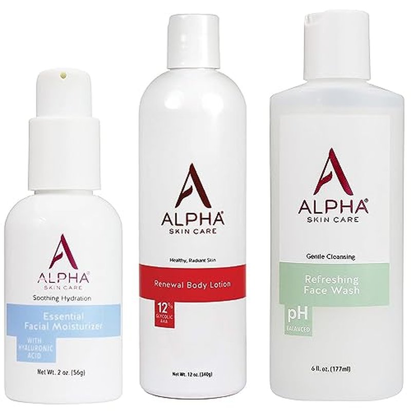 Alpha Revitalizing Body with 12% Glycolic AHA 12oz and Refreshing Face Wash | Anti-Aging Formula 6oz and Essential Facial Moisturizer with Hyaluronic Acid 2oz