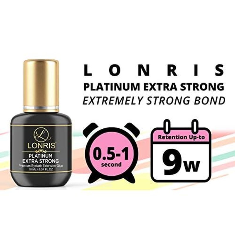 8-9 Weeks Retention/Volume Eyelash Extension Glue/Platinum Extra Strong LONRIS Lash / 0.5-1 Sec Drying time/Maximum Bonding/Semi-Permanent Extensions Supplies/Professional Use Black Adhesive (10 ML)
