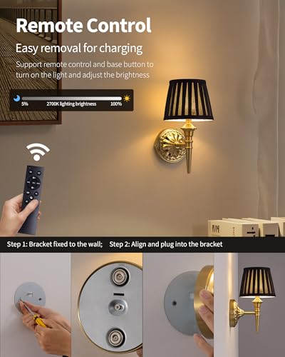 Set of 2 Gold and Black Wall Sconces, Cordless Dimmable Fabric Lampshades