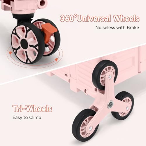 Pink Foldable Utility Cart with Telescopic Handle and 360° Swivel Wheels - Portable Shopping Dolly, Stair-Climbing, Magnetic Lid - PinkPro