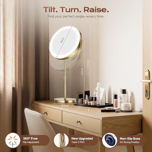 Lighted Makeup Mirror, 5000 mAh Rechargeable Double Sided Magnifying Vanity Mirror with 3 Colors, 1x/20x, 360¡Æ Rotation , Brightness Adjustable lighted mirror with magnification, Antique Bronze