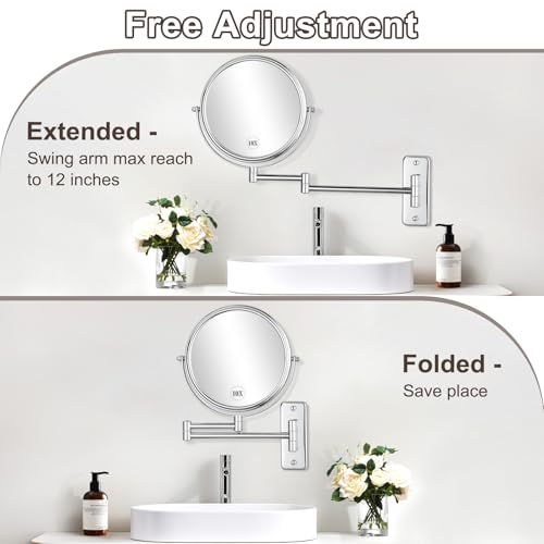 8 Inch Wall Mount Magnifying Mirror with 10x Zoom, Chrome Finish, Adjustable Arm