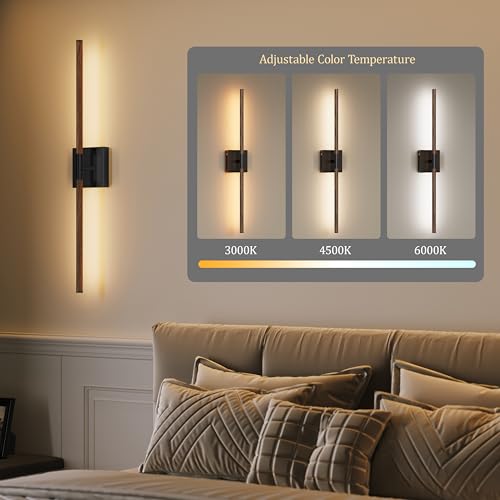 Walnut Black Battery Operated Wall Sconce Set of 2 - 24 Inch with Remote, Dimmable & Adjustable
