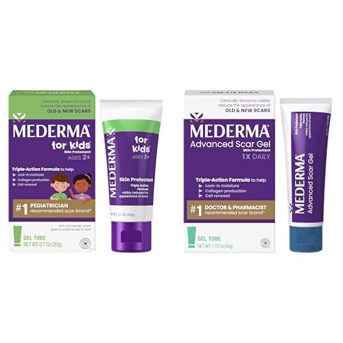 Mederma Scar Treatment Bundle: Kids Grape Scented Gel (0.70 Oz) Goes on Purple & Advanced Scar Gel (50 Grams) for Old & New Scars from Cuts, Burns & Surgery