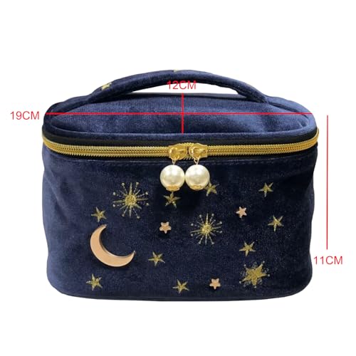 Women Navy Velvet Embroidery Cosmetic Makeup Bag, Applique Moon Stars Pattern Make Up Bag, High Capacity Toiletry Pouch Clutch Bag for Travel (Navy B)