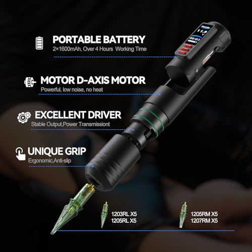 Wireless Rotary Tattoo Pen Kit with Dual 1600mAh Batteries for Beginners & Professionals