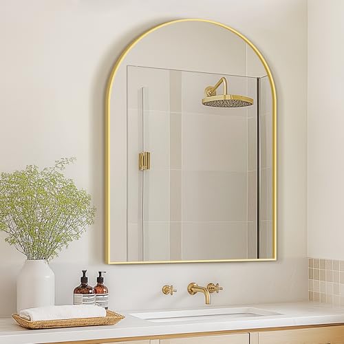 Gold Arched Wall Mirror 40x28 Inches Metal Frame Vanity Mirror for Bathroom & Decor - TRAHOME