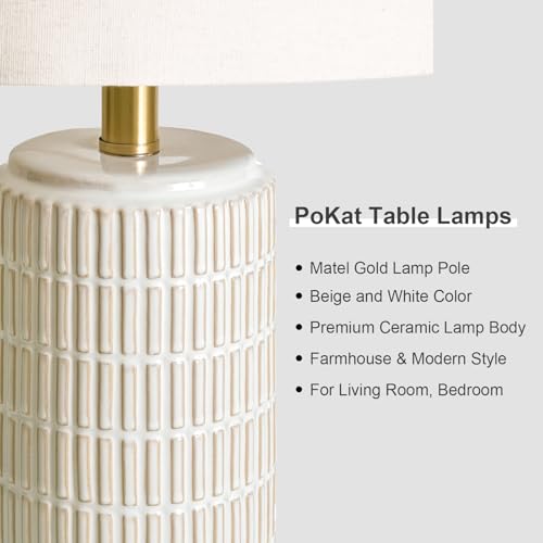 PoKat 25'' Beige Farmhouse Table Lamps Set of 2 with Gold Bases for Bedroom Living Room
