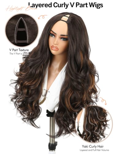 Highlight Brown Layered Yaki Curly Half Wig with V Part Design for Women