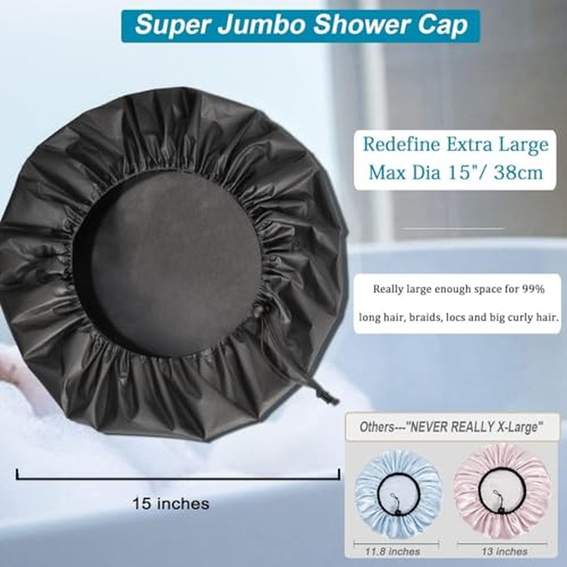 3 Pcs Super Jumbo Adjustable Satin Lined Shower Caps for Long Hair & Braids, Extra Large Shower Cap for Women & Men, Reusable XL with Waterproof Edge for Dreadlocks, Locs (Black)
