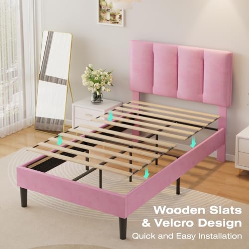 VECELO Twin Size Platform Bed Frame with Upholstered Pink Velvet Headboard - Easy Assembly