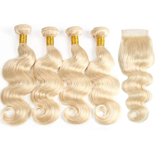 InsQueen 613 Blonde Human Hair Bundles with Closure 10-20 Inch Body Wave 4x4 HD Lace