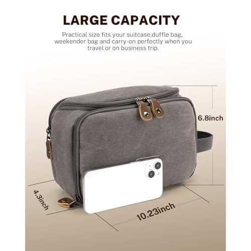 Gonex Travel Toiletry Bag for Men, Water Resistant Canvas Wide Open Shaving Bag with Wet Dry Compartment, Travel Essentials Toiletries Organizer, Grey