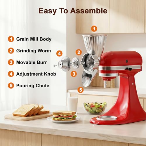 FOCOLLK KitchenAid Grain Mill Attachment, Silver — 9 Grind Settings