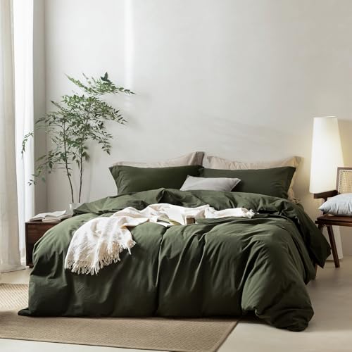 Oversized King Duvet Cover Set - Olive Green 120x98 Inches - Breathable Cotton