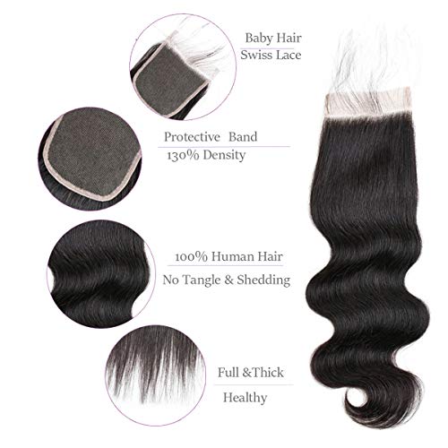 Beauhair Brazilian Body Wave Virgin Human Hair Bundles with 14x4 Lace Closure – 14, 16, 18 Inch, Natural Black