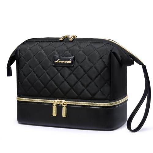 LOVEVOOK Travel Makeup Bag - Black Medium Double Layer Cosmetic Organizer