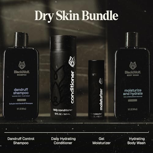 Black Wolf 4-Piece Skincare and Hair Gift Set for Men ? Anti-Dandruff Shampoo, Moisturizing Body Wash, Face Moisturizer, Daily Conditioner - Skin Care Kit for All Dry Types