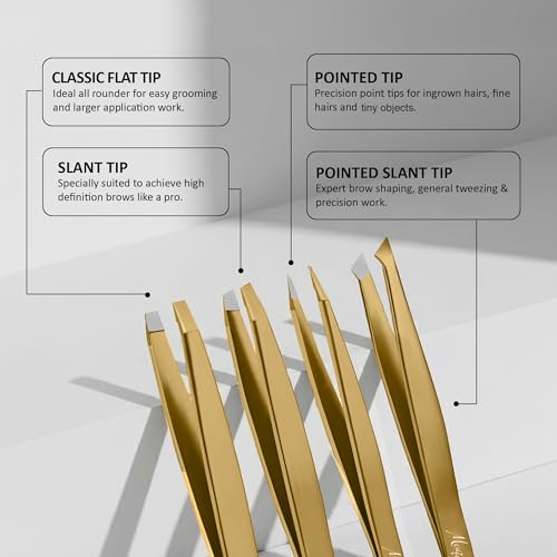Matte Gold Eyebrow Tweezers Set - 4 Pcs with Fiber Tips for Women