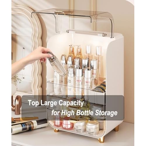 Makeup Organizer for Vanity, Large Capacity Cosmetic Organizer Trendy Stuff, Clear Cosmetic Display Case with Flip-top Lid and 2-Tier Drawer for Bathroom Countertop, Bedroom Dresser (White)