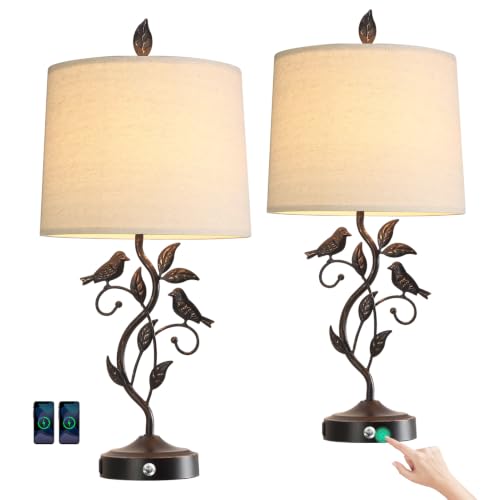 27-Inch Set of 2 Touch Farmhouse Table Lamps with Bronze Finish & USB Ports