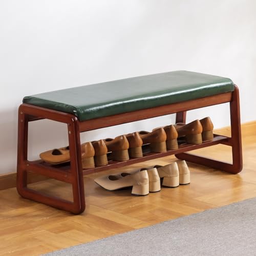 Solid Wood Shoe Bench with Cushion - Green, 31.5 Inch Entryway Organizer