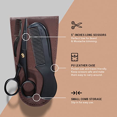 ONTAKI 3 Scissors pack - 1 German Beard & Mustache Scissors With Comb - 2 Facial Grooming Nose Hair Scissors - (1 Curved Blade Tip & 1 Safety Blunt Rounded Tip)