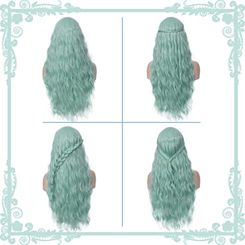 Women's Bangs Mint Green Wig 27 Inches Long Curly Wavy Hair Heat
