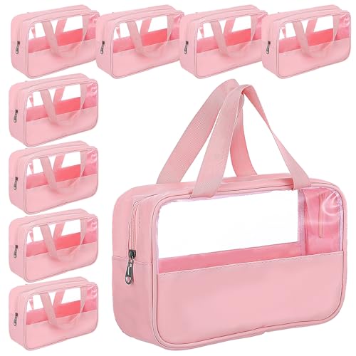 8 Pcs Clear Cosmetic Bags with Zipper, Clear Toiletry Bag, Transparent Makeup Bag for Women Men, Waterproof Travel Organizer with Handle, 10.2 x 6.3 x 2.8 Inches (Pink)