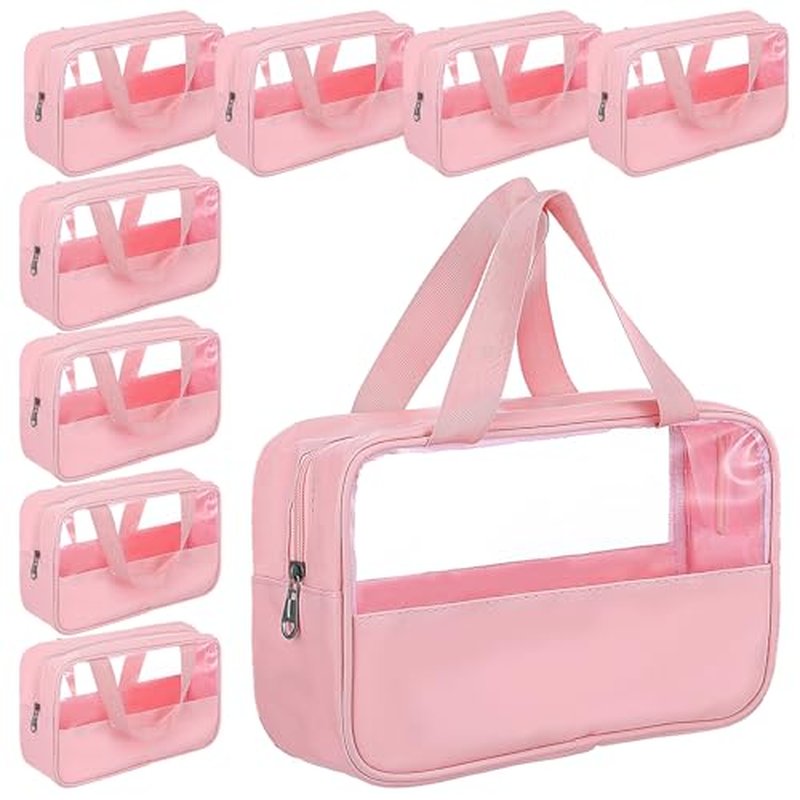 8 Pcs Clear Cosmetic Bags with Zipper, Clear Toiletry Bag, Transparent Makeup Bag for Women Men, Waterproof Travel Organizer with Handle, 10.2 x 6.3 x 2.8 Inches (Pink)