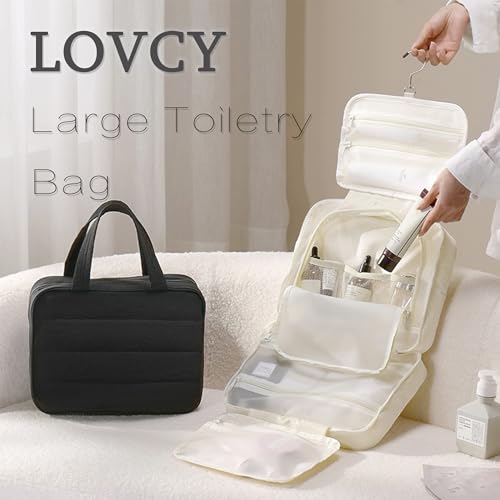 Hanging Toiletry Bag for Women, Large Capacity Travel Makeup Organizer with Hook, Waterproof Cosmetic Bag with Translucent TPU Compartments for Bathroom, Gym, Camping (Beige)