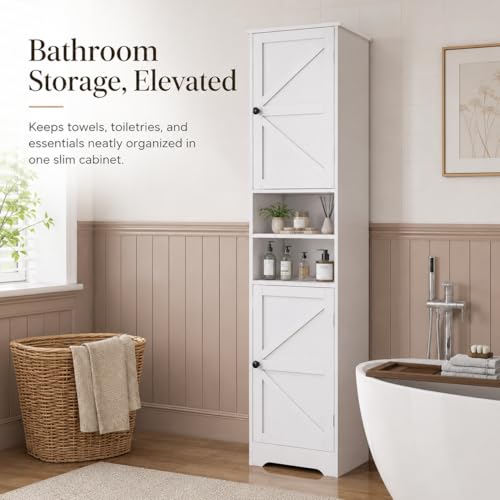 Tall Bathroom Storage Cabinet - White Freestanding Vertical Organizer with Adjustable Shelves