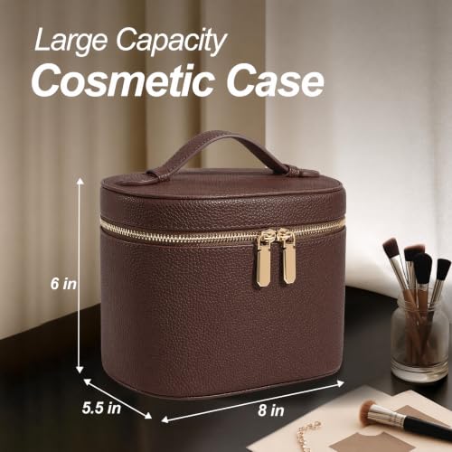 Cosmetic Case Leather Makeup Bag Portable Handheld with Removable Compartments Coffee M (8x5.5x6in)