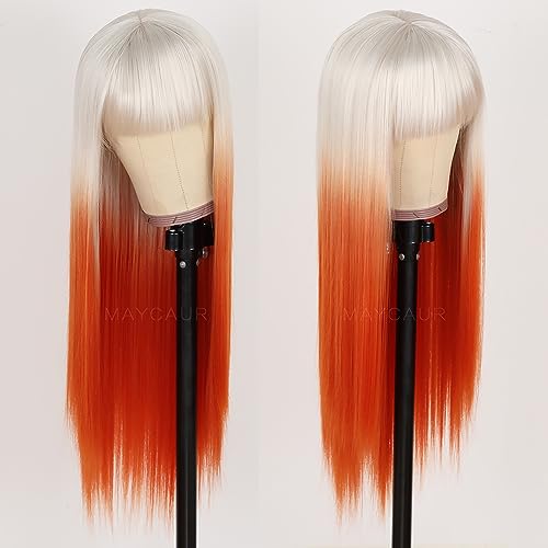 Long Straight Synthetic Wig with Full Bangs - Orange White Ombre, No Lace, Heat Resistant, 22 Inch - Fashion Women