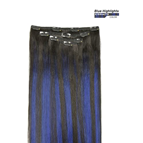 20-Inch Clip-In Hair Extensions Remy Human Hair Blue Balayage - 4 Pieces, T1B/Blue, 83g