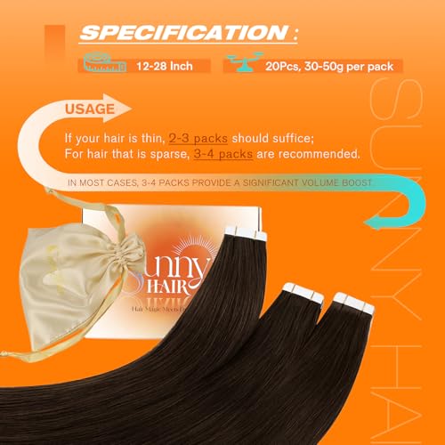 Sunny Hair Tape-In Extensions - Remy Human Hair, Brunette 50g (20pcs)
