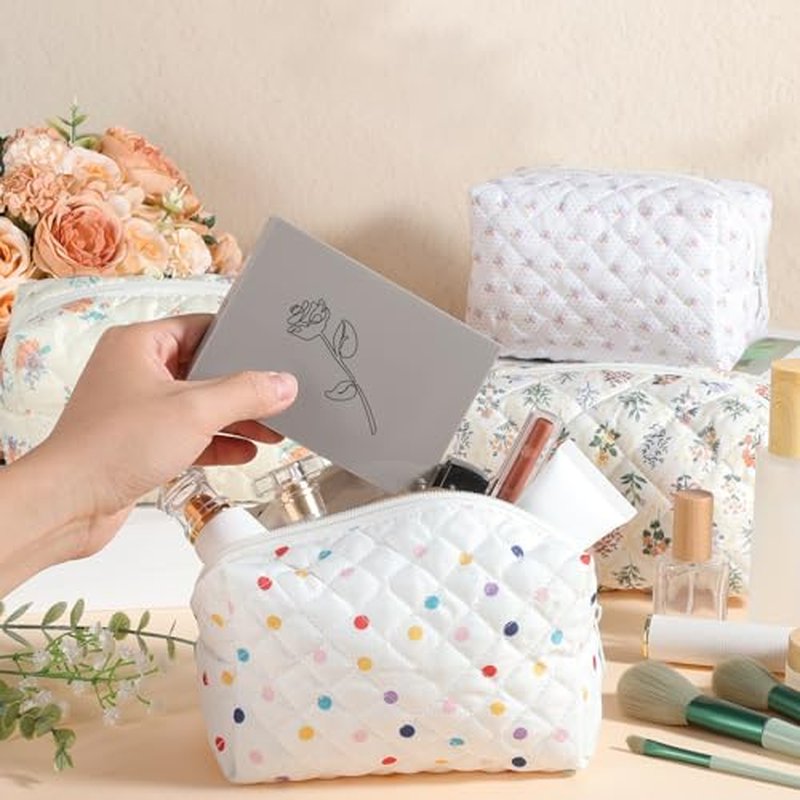12 Pcs Cotton Quilted Makeup Bag for Women Girls Small Quilted Makeup Bag for Women Coquette Aesthetic Makeup Pouch Floral Cotton Cosmetic Bag Travel Toiletry Bag Organizer for Her Mom Friend Sister