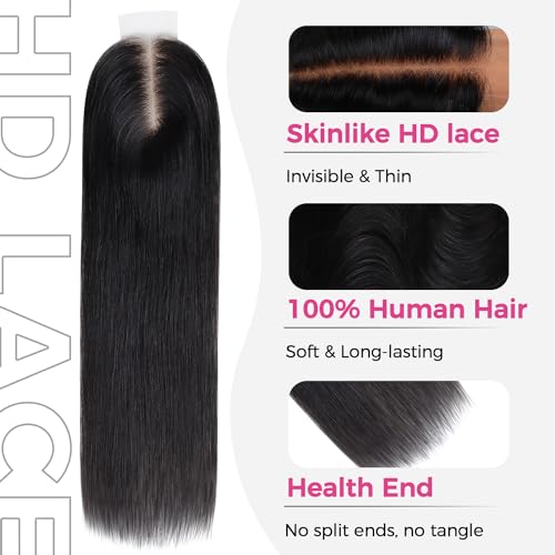 2x6 HD Lace Closure Human Hair Straight - Pre-Bleached Knots, Invisible HD Lace, 12 Inch Black Variation
