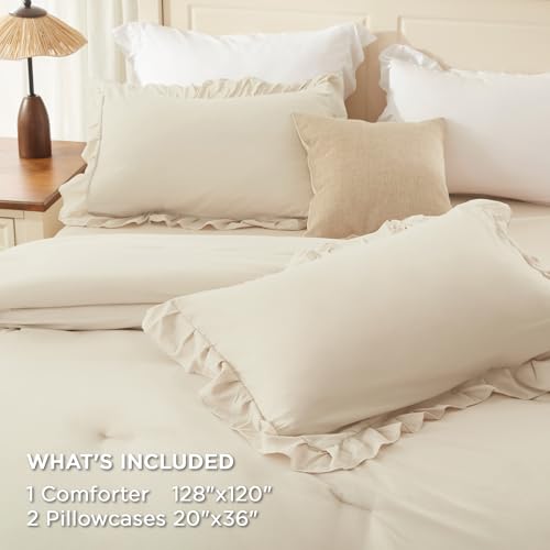 Beige Super King Plus Ruffle Comforter Set - 3 Pieces, 128"x120" | Elegant Bedding