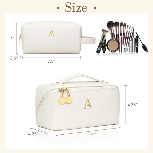 KKXIU Initial Makeup Bag for Women - Personalized Makeup Bag Gifts for Women, Travel Toiletry Bag with PU Leather, Open Flat Design with Top Handle, Cosmetic Bag Set with Multi-Pocket (Beige,A)