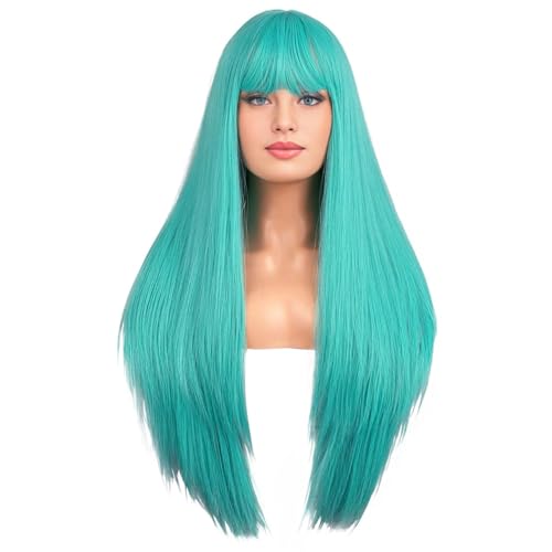 RightOn Blue Green Long Straight Wig for Cosplay & Daily Wear with Bangs, 26in