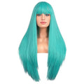RightOn Blue Green Long Straight Wig for Cosplay & Daily Wear with Bangs, 26in